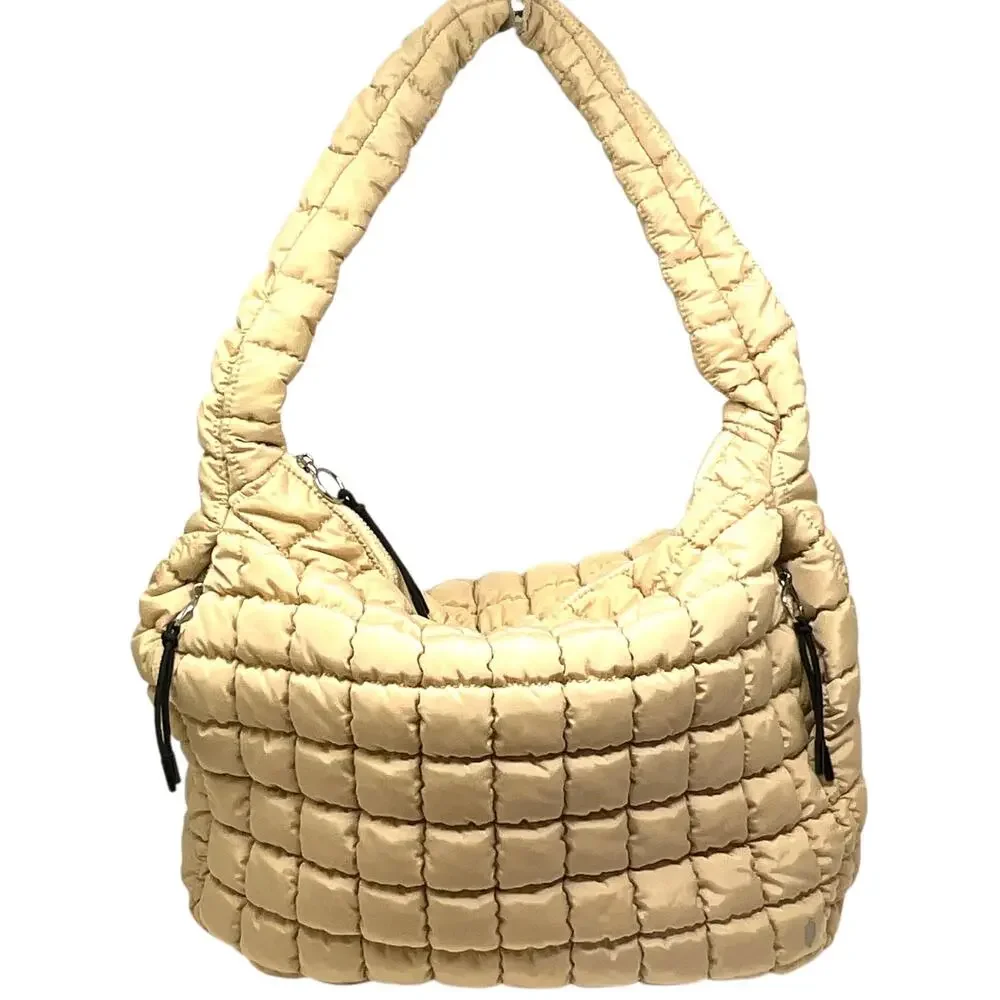 Free People FP Movement Quilted Carryall Hobo Bag Womens Large Beige Pockets
